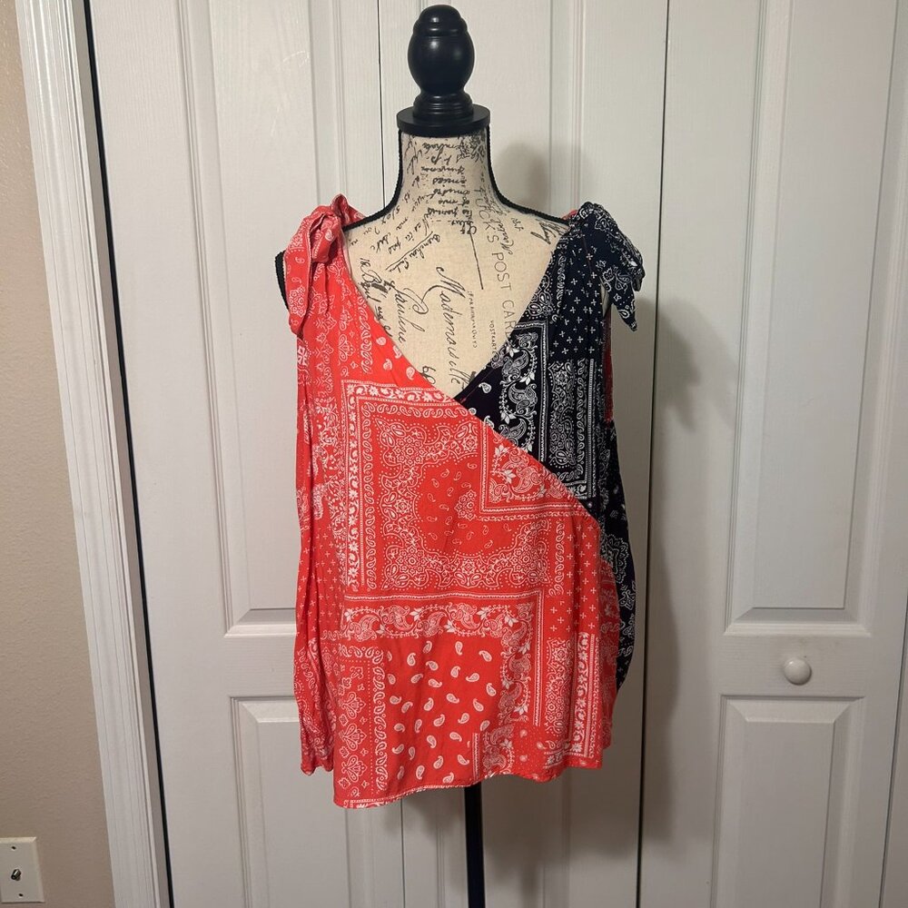 Sugarfox Bandana Print Tank Top Womens Large Tie Shoulder Red Navy